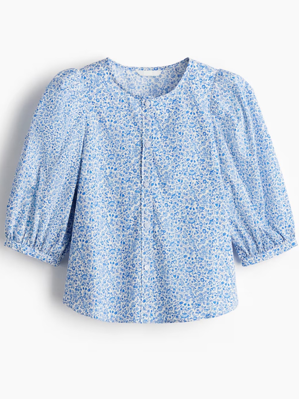 Light Blue Floral Puff-Sleeve Blouse HM